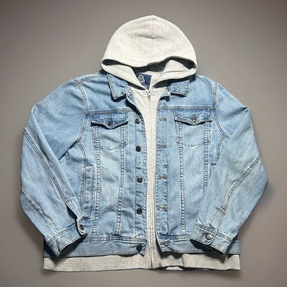 American Rag Mens XXL Hooded Denim Jacket Sun + Stone Phoenix Trucker Layered